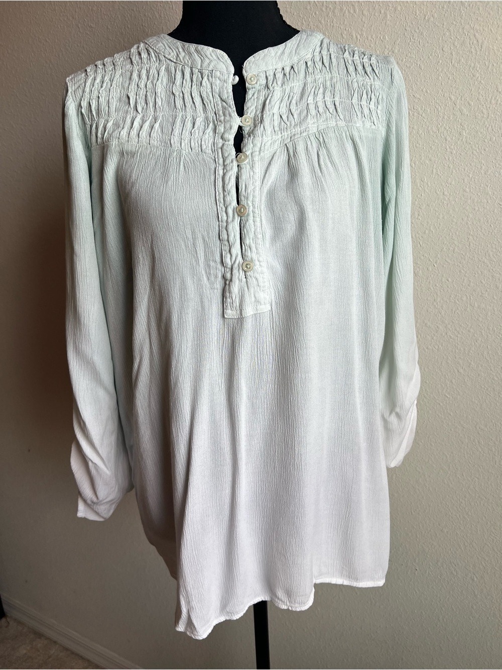 Light Mint Ombré Smocked Yoke Peasant Blouse - Women